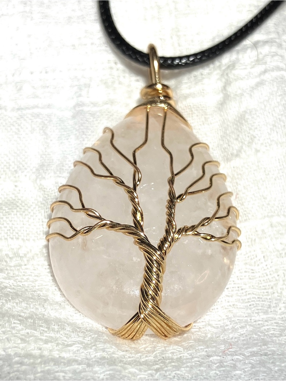 Gold Wire Wrapped Rose Quartz Tree of Life Pendant Necklace - Pink